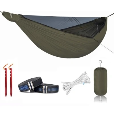 Afbeelding van Onewind Camping hangmat met klamboe en structuur ridgeline, lichtgewicht draagbare dubbele 3,7 m boomriemen, ideaal voor kamperen, wandelen, backpacken, OD groen