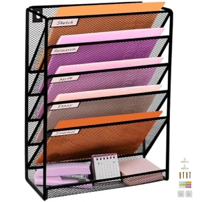 Afbeelding van PLSOPPKG 6 Tier Wandgemonteerde File Organizer Hangende Muur Bestand Houder, A4 Wall Pocket Metalen Mesh Magazine Rack, Mail Mount Zwart