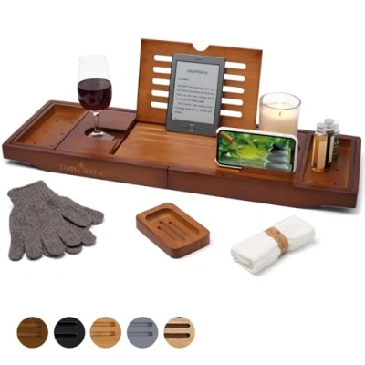 Afbeelding van TEMPLE SPRING Badkuiprek bamboe met kaarsen , wijnglas, boeken tablet iPad en telefoonhouder. Uitschuifbaar badkuipplateau hout, badplank 100% (bruin)