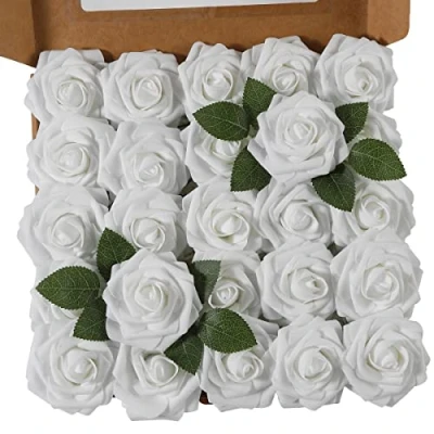 Afbeelding van Ruiuzioong Kunstbloemen, 25 stuks Real Touch Foam Rozen DIY Bloemen voor Bruiloft Boeketten Centerpieces Arrangement Party Baby Shower en Home Decor (Wit, stuks)