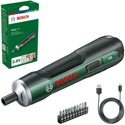 Afbeelding van Bosch Home and Garden accuschroevendraaier PushDrive starterset (3,6 V; 1,5 Ah; 5,0 Nm; 10 schroefbits; met micro USB oplaadkabel; in kartonnen doos)