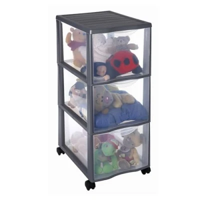 Afbeelding van SUNDIS Orgamix, kunststof ladekast met wieltjes, 3 transparante laden, A4 papierformaat, hoogte 63,5 cm, gemakkelijk te verplaatsen, ideaal voor kantooropslag, cursussen, documenten, benodigdheden