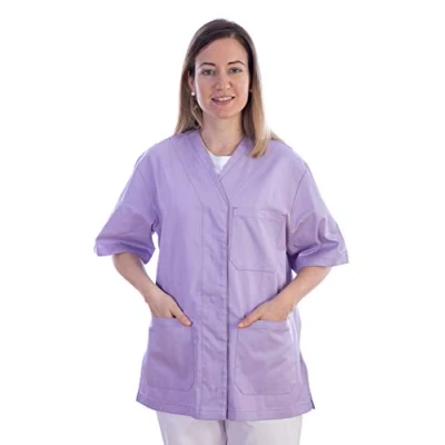 Afbeelding van Gima Kaszak van katoen en polyester, ziekenhuisuniform, paarse kleur, V hals, halve mouwen, 5 drukknopen, voor dames, XXL formaat, artsen, dierenartsen, verpleegkundigen gezondheidspersoneel