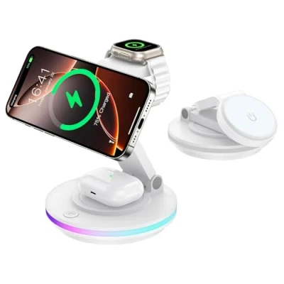 Afbeelding van Mag Safe oplader, 3 in 1 laadstation voor Apple Watch en iPhone, opvouwbaar, draaibaar met lichtinstelling, draadloze Safe, oplaadstandaard iPhone 15/14/13, AirPods (zonder adapter),