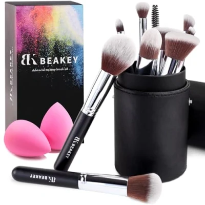 Afbeelding van BEAKEY Make upborstels, Foundation Borstels, Blending Face Powder Blush Oogschaduwborstels, Cadeau voor dames en meisjes, Borstelsets met twee sponzen (10 + 2 stuks, zwarte borsteldoos)