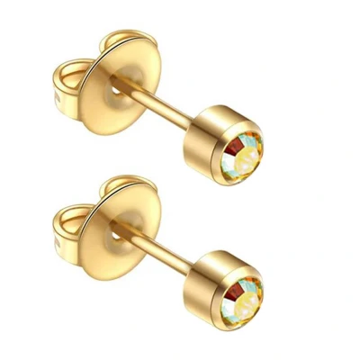 Afbeelding van Caflon 4mm 24K gold plated oorknopjes voor oorschieter hypoallergeen steriel verpakt goudkleurig met AB crystal steentje