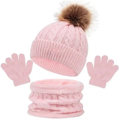 Afbeelding van Kindermuts 3 in 1 tot 5 jaar Beanie Jongens En Meisjes Muts Voor Kinderen Handschoenen Sjaal Winter Roze