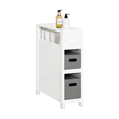 Afbeelding van SoBuy Lage Kast, Badkamer Toiletrolhouder, Toiletkast, Smalle Opbergkast, Staande Badkamerkast met 1 Plank en 2 Uitneembare Mand voor Badkamer, Woonkamer, Keuken, 20x60x70cm, Wit, BZR83 W