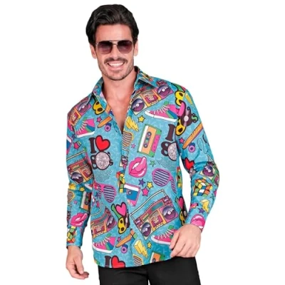 Afbeelding van Widmann Jaren 80 &amp; 90 Kostuum Typisch 80s Overhemd Man Blauw Large / XL Carnavalskleding Verkleedkleding