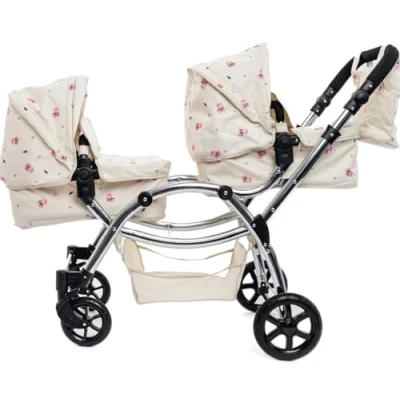 Afbeelding van Roma Darcie kinderwagen met twee poppen in crème, geschikt voor 3 tot 16 jaar, verstelbare handgreephoogte, combinaties, dubbele popjes Kerstmis, ideaal herboren