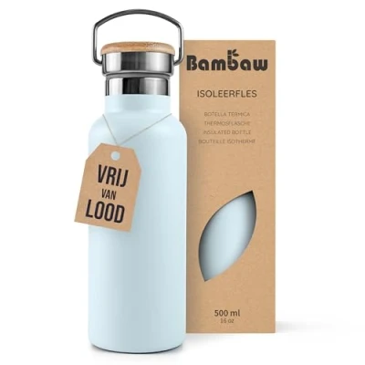 Afbeelding van Bambaw 500ml Roestvrijstalen Thermosfles, Milieuvriendelijke Herbruikbare Fles, Dubbelwandige Waterfles 500ml, Lekvrij en Plasticvrij, Metalen Drinkfles, Voor Warme Koude Dranken Ijsblauw