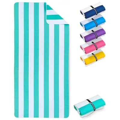 Afbeelding van Stranddeken XXL microvezel strandhanddoek groot, licht en sneldrogend 100% gerecyclede handdoek Strandlaken Turquoise Wit gestreept 200cmx90cm