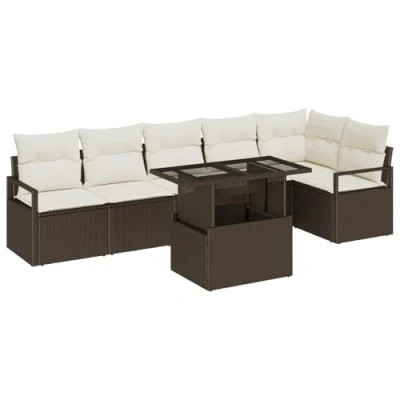 Afbeelding van vidaXL 7 delige tuinsofa set met kussens bruin poly rattan