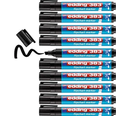 Afbeelding van edding 383 flipchart marker zwart 10 stiften beitelvormige punt 1 5 mm stift voor schrijven, tekenen en markeren op flip over papier drukt niet door droogt uit intensieve kleur