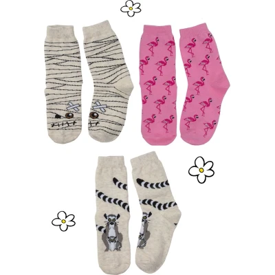 Afbeelding van Nature Planet Set van 3 paar kindersokken sokken flamingo, mummie en ringstaartmaki (100% Oeko tex gecertificeerd) maat 29 34