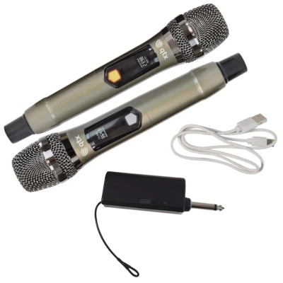 Afbeelding van QTX J MIC UHF Dual Wireless Microfoonset met oplaadbare ontvanger, twee handzenders, opladen via USB en dynamische cardioïde capsules. Presentaties, conferenties of optredens