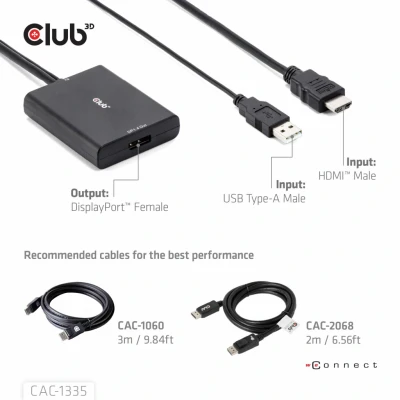 Afbeelding van CLUB3D HDMI + Micro USB to DisplayPort© 4K120Hz or 8K30Hz M/F Active Adapter