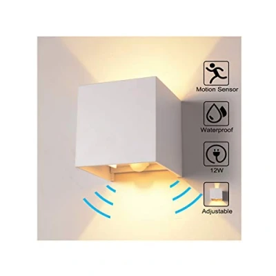 Afbeelding van Audor wandlamp bewegingsmelder buiten/bewegingsmelder binnen led wandlamp, 12 W, warm licht, waterdicht, verstelbare buitenlamp, sensor voor tuin, hal, pad, veranda, licht (wit)