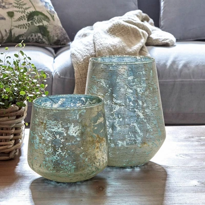 Afbeelding van LOBERON Windlicht set van 2 Gare antiekblauw/goud