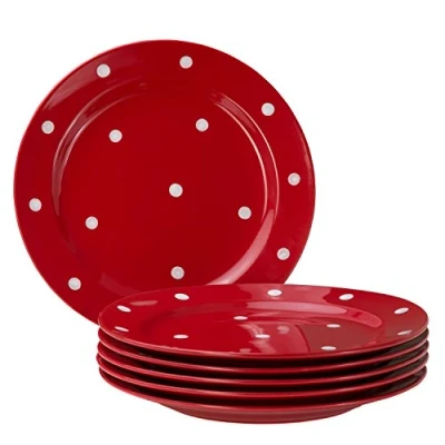 Afbeelding van van Well Emily Set 6 platte borden, rood wit gestippeld, rond Ø 275 mm, grote aardewerk eetborden