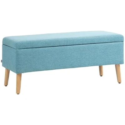 Afbeelding van HOMCOM Zitbank, gestoffeerde bank met opbergruimte, bedbank linnenlook, voor hal, slaapkamer, woonkamer, rubberhout, blauw, 110 x 39 45 cm