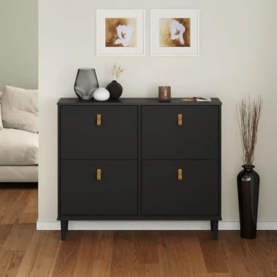 Afbeelding van IDIMEX Schoenenkast MIKKA met 4 kleppen zwarte schoenenkast, schoenenrek smal schoenenorganizer