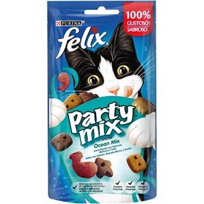 Afbeelding van Felix Purina Party Mix Ocean, snack, kattenprijs met zalm, witte vis en forel, 8 zakjes à 60 g
