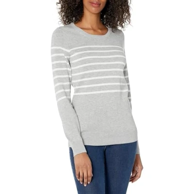 Afbeelding van Amazon Essentials vrouwen lichtgewicht ronde hals trui,Grijs (lichtgrijze Heather/wit geplaatste streep),L