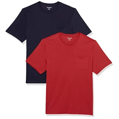Afbeelding van Amazon Essentials Heren Regular Fit T shirt met korte mouwen en ronde hals, 2 stuks, marineblauw/donkerrood, L