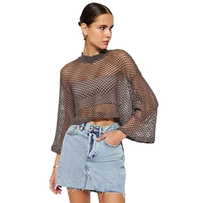 Afbeelding van Trendyol Blauwe Dunne Cropped Opengewerkte/Geperforeerde Gebreide Trui Twoss23Kz00033