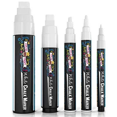 Afbeelding van CHALKY CROWN 5pc White Chalk Markers Non Toxic Liquid Chalkboard Markers, Marker for Windows, Glass 1, 3, 6, 10, 15mm Tips