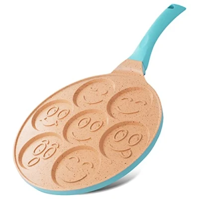 Afbeelding van Joeji&#039;s Kitchen 7 gats pannenkoekpan 26cm Smiley faces mould antiaanbaklaag en inductie geschikt lichtgewicht gevuld aluminium mini pannenkoekverhoger blauw