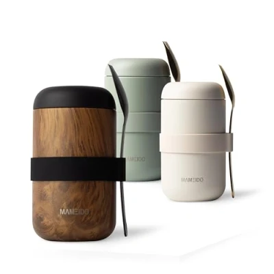 Afbeelding van MAMEIDO Thermische Voedselcontainer 500ml, houd voedsel warm, BPA vrij voor cornflakes, yoghurt, babyvoeding, pap, havermout, ijs en soep (Oak Wood, 0,5l)
