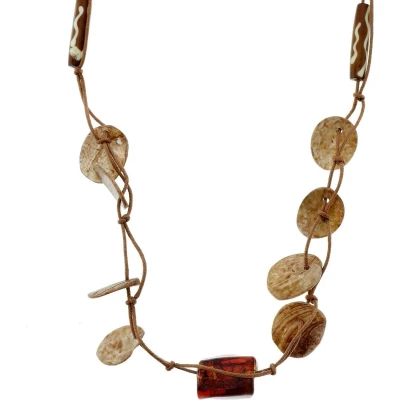 Afbeelding van Behave Lange bruine ketting van touw met schelpen en glaskralen