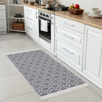 Afbeelding van Boho Kelim Dubbelzijdig Wasbaar Vloerkleed Grijs Creme 80x150 cm Rechthoek Katoen