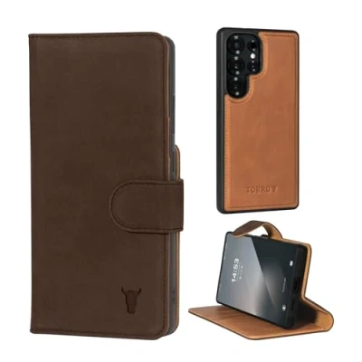 Afbeelding van TORRO nubuck leren hoes compatibel met Samsung Galaxy S25 Ultra 5G 2025 bumperhoes magnetisch afneembare portemonnee cover standaard en kaartsleuven (Nubuck Bruin)