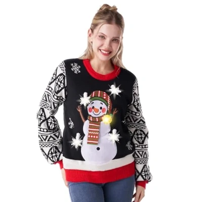 Afbeelding van JOYIN Kerst Vrouwen Sneeuwman Zwarte Lelijke Trui, Gloeilamp LED Light Up Xmas Trui en Gebreide voor Vrouwen, Zwart, L
