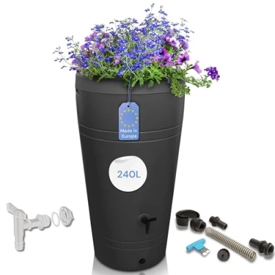 Afbeelding van YourCasa Regenton, 230 liter, decoratief design, regenvat, vorstbestendig, van kunststof met kraan, regenwaterton, watervat, regenwatertank, waterton voor tuin, smalle regenton (antraciet)