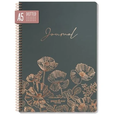 Afbeelding van paper&amp;you® Bullet Journal gestippeld A5 met spiraalbinding &quot;Poppy&quot; 160 pagina&#039;s, notitieboek spiraal, collegeblok, spiraalblok, notitieblok duurzaam &amp; klimaatvriendelijk