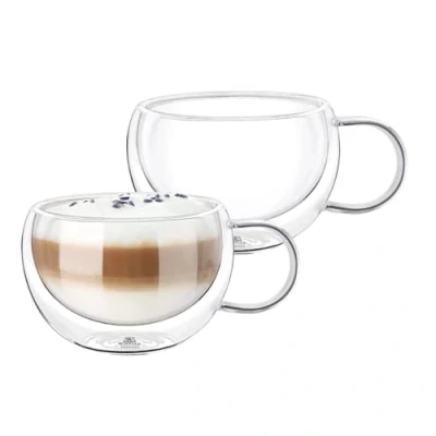 Afbeelding van Wilmax Thermoglazen met handvat, set van 2, 300 ml, dubbelwandige koffieglazen, latte macchiato glazen, cappuccinoglazen theeglazen, drinkglazen, thermobeker