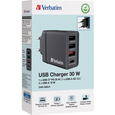 Afbeelding van Verbatim oplaadadapter, CHR 30EU1, 30 W, GaN, zwart 2x USB A, 1x A QC, C PD, detailhandel