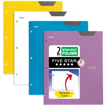 Afbeelding van Five Star 2 zakmappen, 4 stuks, plastic mappen met stay put tabs, geschikt voor 3 rings map, 8 1/2 &quot;x 11&quot; papier, beschrijfbaar etiket, getijdenwater blauw, wit, amethist paars,