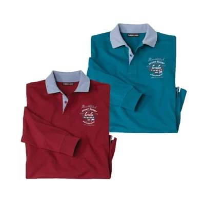 Afbeelding van ATLAS FOR MEN Set van 2 poloshirts voor heren met lange mouwen Sport Chic verkrijgbaar in grote maten M tot 5XL, Bordeaux en eendenblauw, 5XL