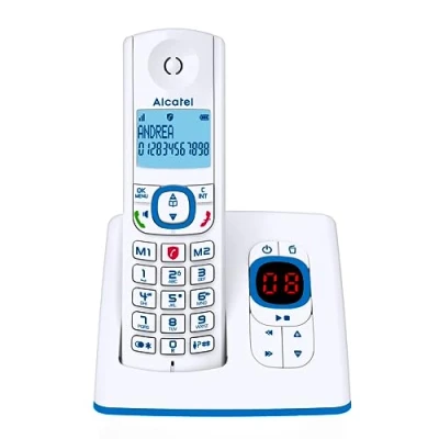 Afbeelding van Alcatel F530 Voice draadloze telefoon met antwoordapparaat, oproepblokkering, handsfree en twee directe geheugen, wit/blauw