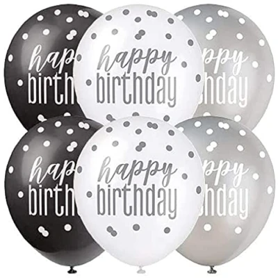 Afbeelding van Ballon Happy Birthday Glitz zwart zilver wit 6 stuks