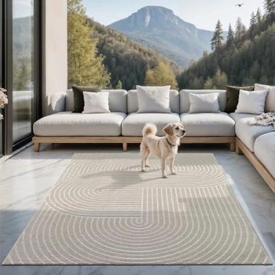 Afbeelding van the carpet Santo Plus moderne vloerkleed hoogwaardig tapijt voor woonkamer en slaapkamer, Boho design, Beige, 140 x 200 cm