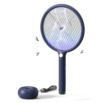 Afbeelding van AROEVE elektrische vliegenmepper, 2 in 1, 4000 V, USB oplaadstation, oplaadbare batterij met 1200 mAh, automatische aantrekkingsmodus, ledlicht, 3 laagse bescherming, blauw