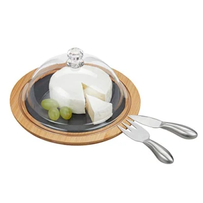 Afbeelding van Relaxdays serveerplank met kaasstolp 19 cm kaasbestek bamboe kaasplank natuur glas