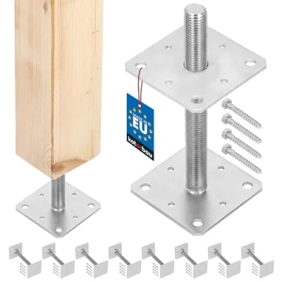 Afbeelding van KOTARBAU® Set van 8 Paaldrager, in hoogte verstelbaar, 110 mm x 250 mm, schroefdraad M24 verzinkt, steunpoot, paaldrager om vast te schroeven, betonvoet, regelbaar, steunpalen,