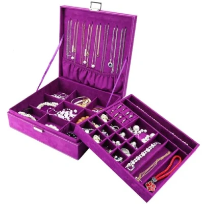 Afbeelding van ProCase Sieradendoos organizer voor Dames, Tweelaags Sieraden Display opbergkoffer met 8 Kettinghangers en Verwijderbare Scheidingswand Oorbellen, Armbanden, Ringen, Horloges Purper